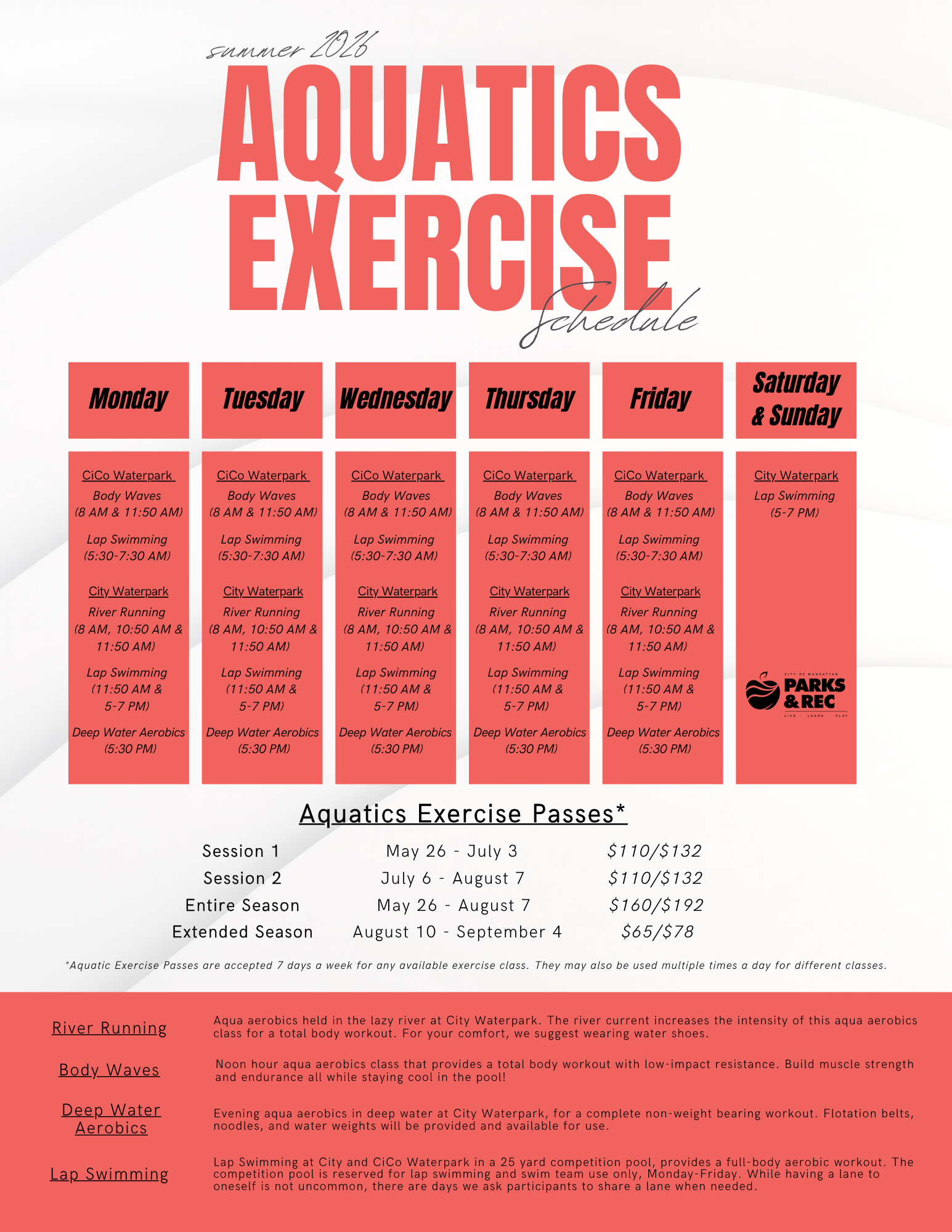 Schedule for Aquatics Classes for the 2026 summer at the Manhattan Parks and Recreation Waterparks