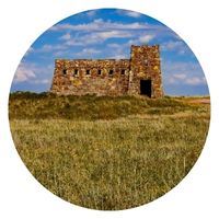 Coronado Heights castle against a bright blue cloudy sky in a field of green grass with wild flowers